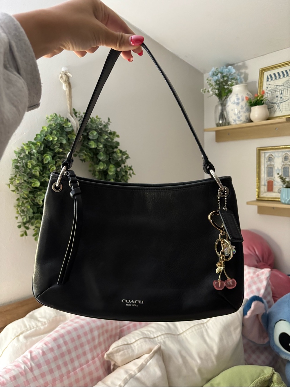 Coach Black Leather Shoulder Bag with Cherry Charm Accent